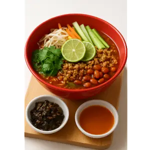 Dai (Thai) cold rice noodle salad with minced chicken / 傣味（泰式）鸡肉沫凉拌米线