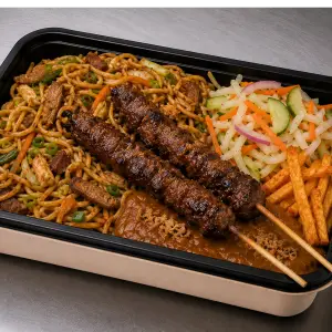 Surinaamse bami met  twee stokjes saté, zuurgoed (halal)